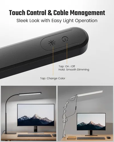 Vista 3 de SUPERDANNY - Lámpara de escritorio LED para el cuidado de los ojos con base de cuello de cisne flexible de 360°, lámpara de trabajo con control