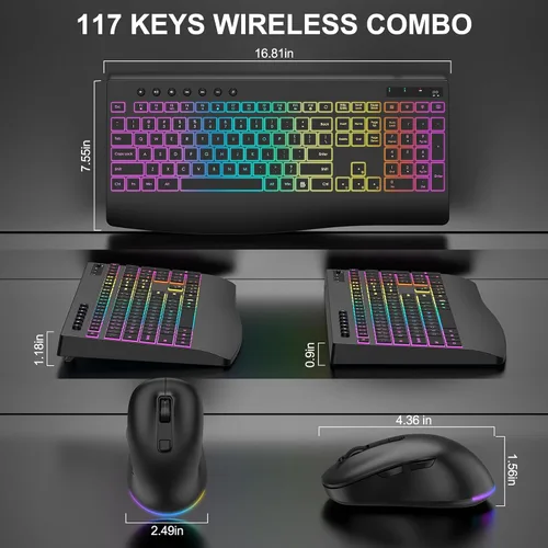 Vista 4 de Combo de teclado y mouse inalámbricos, 9 efectos retroiluminados, teclado retroiluminado recargable de 4000 mAh con reposamuñecas, mouse de 6