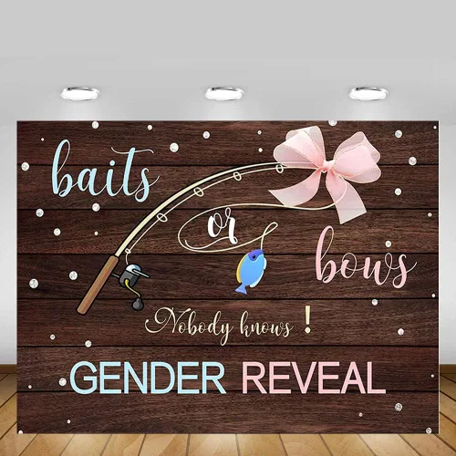 Vista 5 de MEHOFOND Fondo de fotos de 7 x 5 pies con texto en inglés "Nobody Knows Gender Reveal", tablero de madera rústica, mesa para tartas, decoración