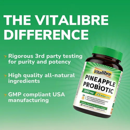 Vista 7 de Vitalibre Piña + probiótico, 300 mg, 25 mil millones de UFC, 13 cepas, vitamina C natural, potentes antioxidantes, para inmunidad, vaginal, salud