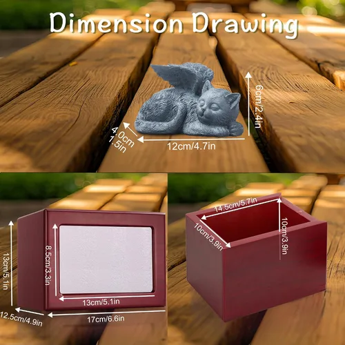 Vista 3 de Urna de gato para cenizas, recuerdo de madera para cenizas con marco de fotos, caja de cremación roja cereza con estatua de resina y bolsas