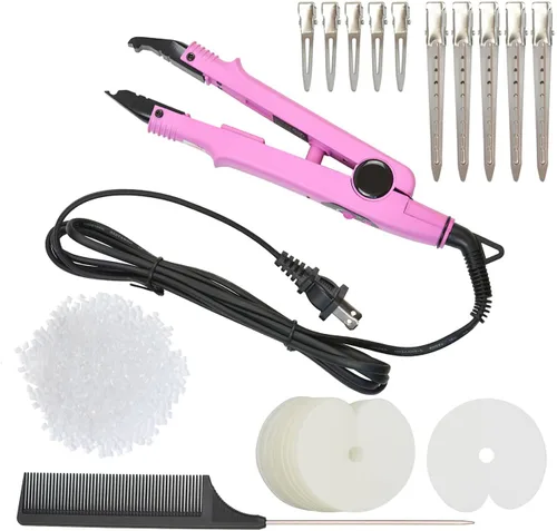 Vista 11 de Kit de herramientas de extensiones de cabello con conector de hierro térmico de fusión, enchufe de EE. UU., 50 unidades de protectores térmicos