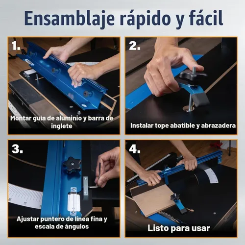 Vista 4 de POWERTEC 71403 Trineo de corte transversal para sierra de mesa, plantilla para carpintería y kit de herrajes para cortes precisos