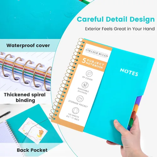 Vista 9 de CAGIE Cuadernos de espiral para trabajo escolar con pestañas divisorias extraíbles, cuaderno de 5 materias de 8.5 x 11 pulgadas, a rayas