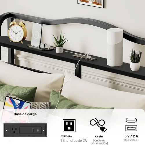 Vista 4 de Base de cama Queen con cabecera y estación de carga, base de cama de metal de 18 pulgadas de alto, base de colchón resistente con gran espacio de 46
