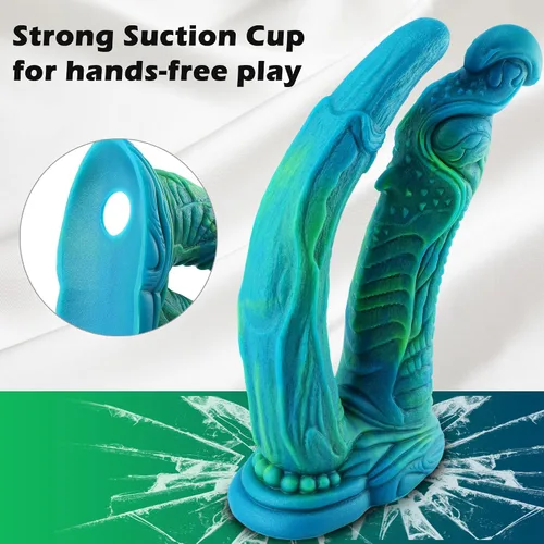 Vista 5 de Consolador monstruo de dragón doble de silicona fantasía, consolador masivo suave de succión de 9 pulgadas para hombres, consoladores anchos