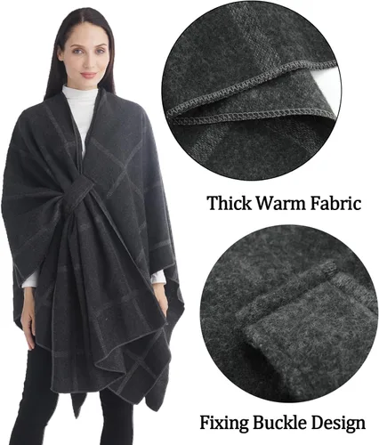Vista 7 de Ciormis Poncho Chal Wrap Mujer Viaje Cálido Ponchos Suéteres Abrir Frente Cabo Ruana