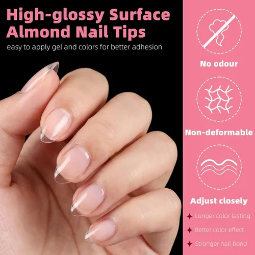 Vista 5 de 360 puntas de uñas cortas de almendra, puntas de uñas postizas cortas en forma de almendra, puntas de uñas acrílicas transparentes a presión, puntas