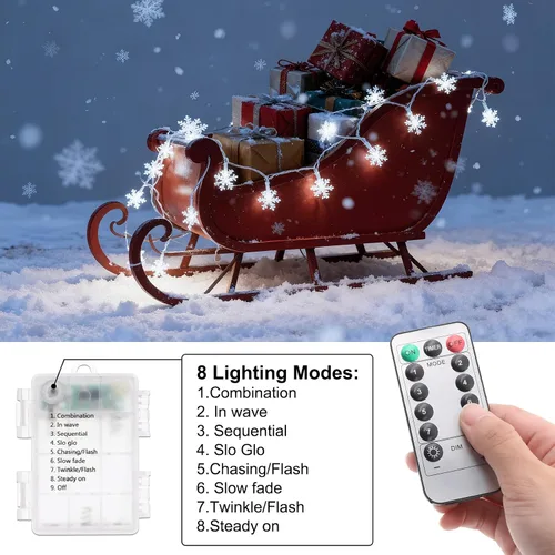 Vista 4 de Luces de Decoración de Navidad, 8 Modos y Temporizador con Control Remoto, 33 Pies 100 Luces LED Operadas con Pilas, Luces de Hadas Impermeables