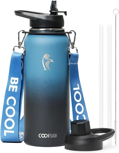Vista 12 de Botella de agua Coolflask de 40 onzas con correa, botella de agua metálica aislada con popote y tapas con pico, acero inoxidable de doble pared al
