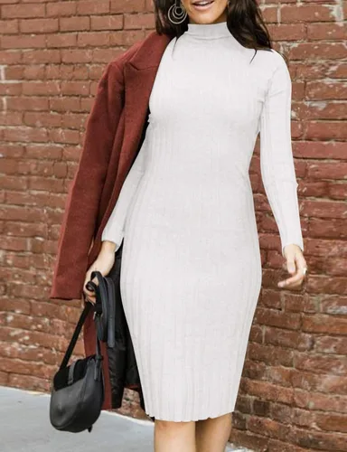 Vista 7 de MEROKEETY - Vestido de manga larga acanalado para mujer, con cuello alto, ajuste entallado, longitud por debajo de la rodilla y tejido
