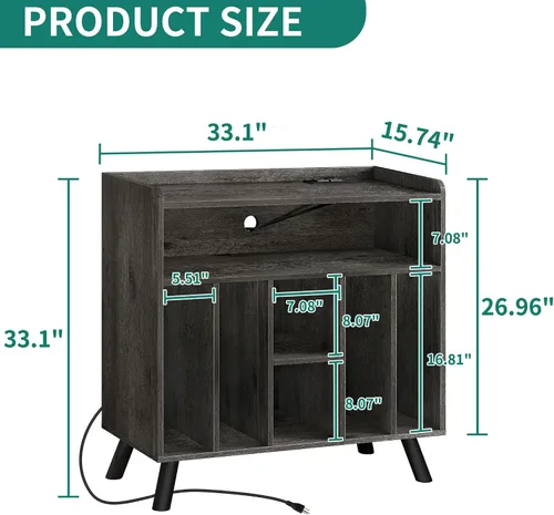 Vista 2 de YITAHOME Soporte para tocadiscos con tomas de corriente y luces LED con capacidad para hasta 130 álbumes, mesa de tocadiscos con almacenamiento