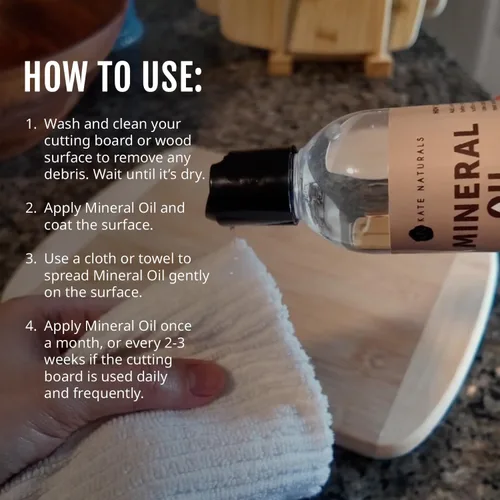 Vista 4 de Kate Naturals Aceite mineral para tabla de cortar madera, bloque de carnicero y cuchillo. Aceite mineral de grado alimenticio para tabla de cortar