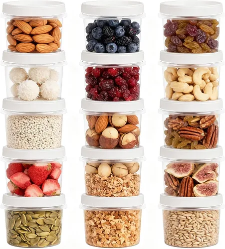 Vista 11 de Recipientes de plástico de 16 onzas con tapas, paquete de 15 recipientes de avena con tapas, apilables, reutilizables, con tapa de rosca giratoria
