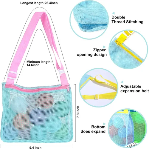 Vista 6 de UTTPLL Bolsa de playa de malla colorida ajustable para niños, bolsa de red de secado rápido para conchas marinas que recolecta arena juguete