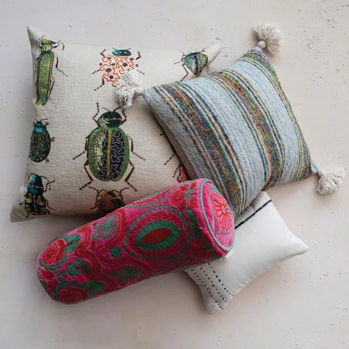 Vista 2 de Creative Co-Op Almohada lumbar bordada de algodón, color crema y gris, marfil
