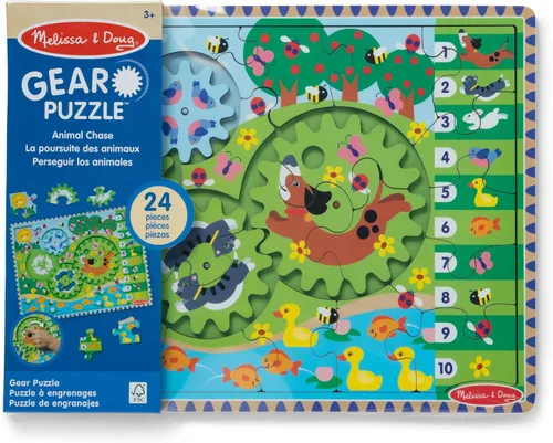 Vista 3 de Melissa & Doug Rompecabezas de madera con engranajes giratorios de persecución de animales – Rompecabezas de madera de 24 piezas para niños pequeños