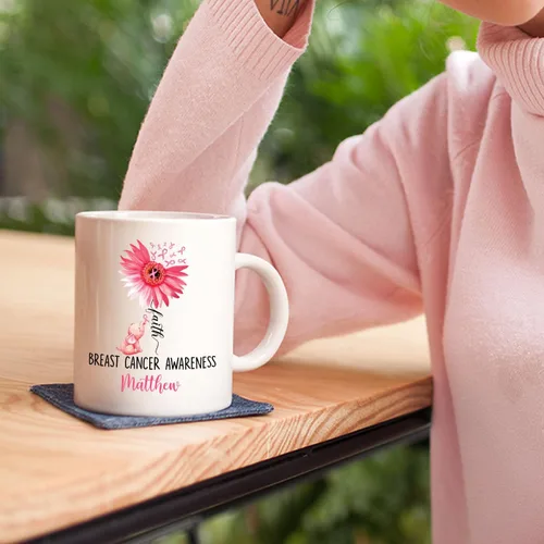 Vista 5 de Taza de café de concientización sobre el cáncer de mama con nombre personalizado, taza de café de 11 onzas, taza de té de cerámica blanca
