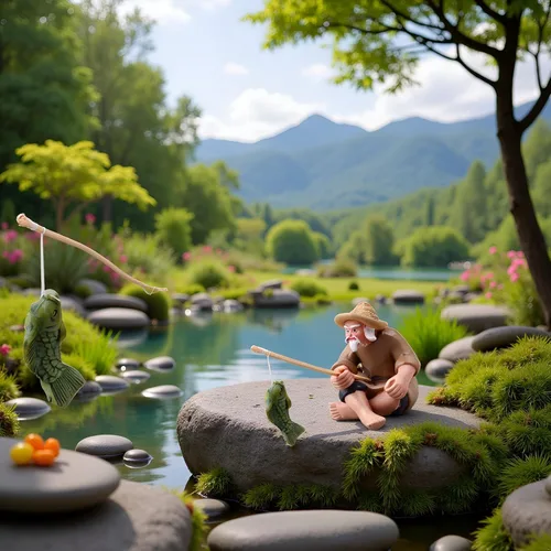 Vista 4 de 1 figura de pescador en miniatura, adorno de anciano de pesca, estatua de jardín sentado con lodo chino, estatuas al aire libre