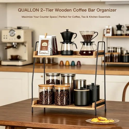 Vista 4 de QUALLON Accesorios y organizador de barra de café, organizador de estación de café, organizador de mostrador de baño de 2 niveles, bandeja de café