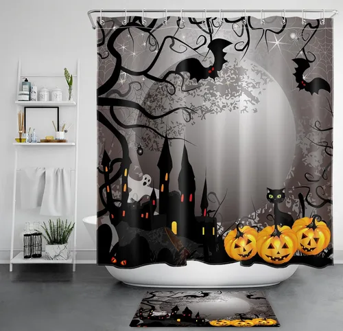 Vista 6 de EOBTAIN Cortina de ducha de calabaza espeluznante de Halloween, fantasma y gato murciélago con casa embrujada en noche oscura aterradora, cortina