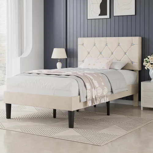 Vista 3 de VECELO Base de cama tamaño individual con plataforma tapizada con cabecera ajustable de botones de diamante, soporte de listones de madera,