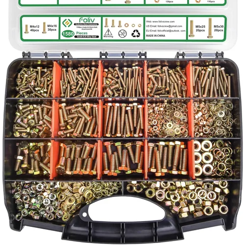 Vista 8 de FOLIV Kit surtido de 523 tornillos y tuercas de grado 8, surtido de tuercas y pernos resistentes, pernos hexagonales SAE 1/4-20 5/16-18 3/8-16