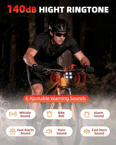Vista 2 de WSDCAM Bocina de bicicleta de 140 dB con luz delantera y trasera, interruptor de control de campana de bicicleta 2 en 1, luz LED, recargable a
