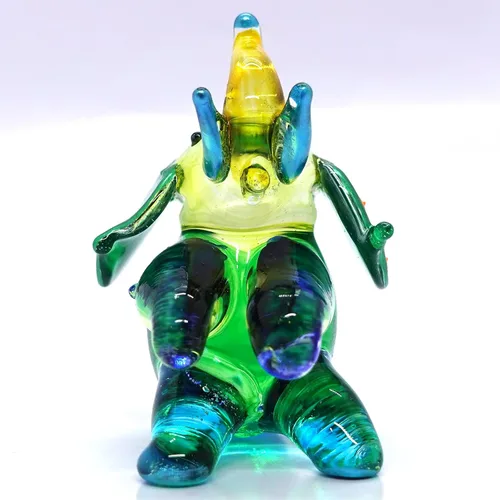 Vista 5 de Figuras pequeñas en miniatura pintadas a mano de elefante sentado en vidrio soplado, decoración del hogar, colección de animales, regalo (azul verde)