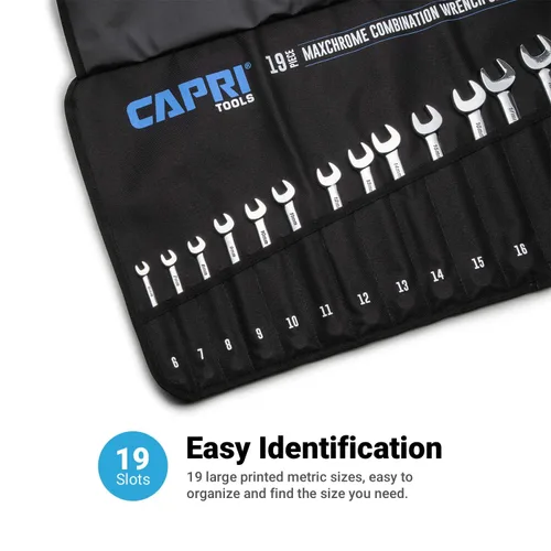 Vista 9 de Capri Tools MaxChrome juego de llaves de combinación, 6 a 24 mm, 19 piezas con bolsa de lona resistente