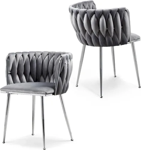 Vista 21 de Juego de 2 sillas de comedor de terciopelo, sillas laterales tapizadas tejidas con patas de metal negro, sillas decorativas modernas, sillas