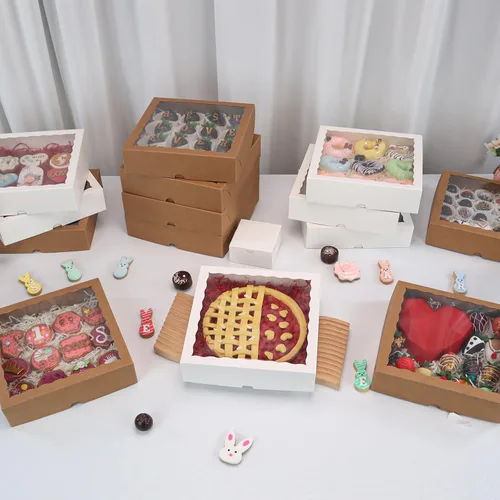 Vista 3 de 25 cajas de panadería marrones de 9 x 9 x 2.5 pulgadas con ventana para galletas, macarrón, fresas cubiertas de chocolate, mini pastel, trufa