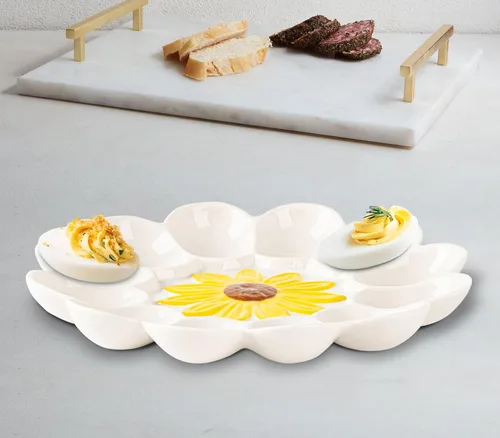 Vista 7 de YU&CH Bandeja de huevo Deviled de girasol de cerámica - Plato de huevo blanco para fiesta