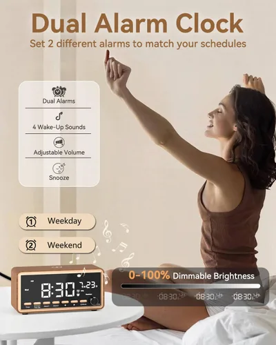 Vista 3 de Radio despertador digital para dormitorios, radio FM y máquina de sonido de ruido blanco con temporizador, altavoz Bluetooth, reloj despertador dual