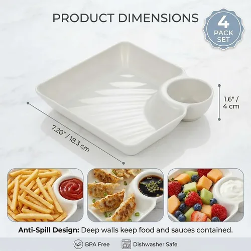 Vista 6 de Juego de 4 tazones de patatas fritas y de inmersión, platos de plástico reutilizables para servir aperitivos con compartimento de salsa integrado
