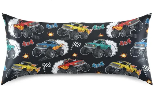 Vista 3 de Fundas de almohada de seda con estampado negro de camión monstruo para cabello y piel, suave, transpirable, suave, refrescante, funda de almohada