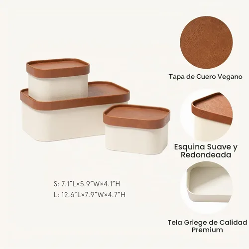 Vista 2 de Cajas de almacenamiento decorativas beige con tapas, cestas de almacenamiento con tapas similares al cuero, cajas de papel apilables resistentes