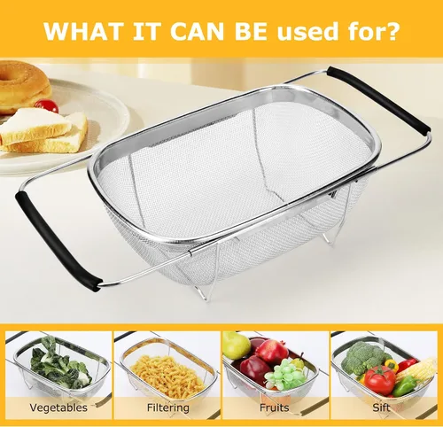 Vista 4 de ZDRongZhen Accesorios de Cocina Colador Escurridor Cesta Sobre el Fregadero, Colador de Acero Inoxidable con Agarre de Goma Expandible Escurridor
