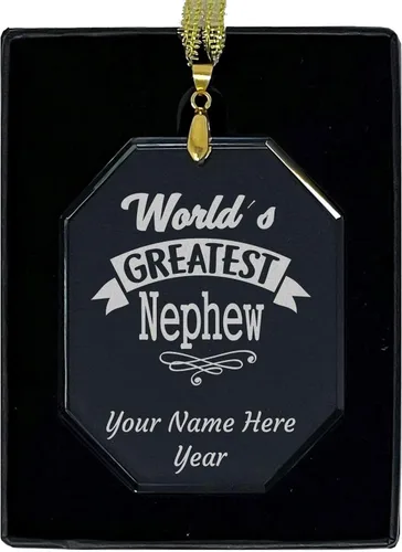 Vista 7 de LaserGram Adorno de Navidad de vidrio personalizado, sobrino más grande del mundo, idea de regalo grabada con láser personalizada (forma de diamante)