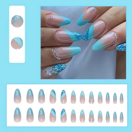 Vista 4 de IMSOHOT Uñas postizas a presión con forma de almendra, francesas, color azul medio, uñas postizas degradadas con purpurina con diseños de diamantes