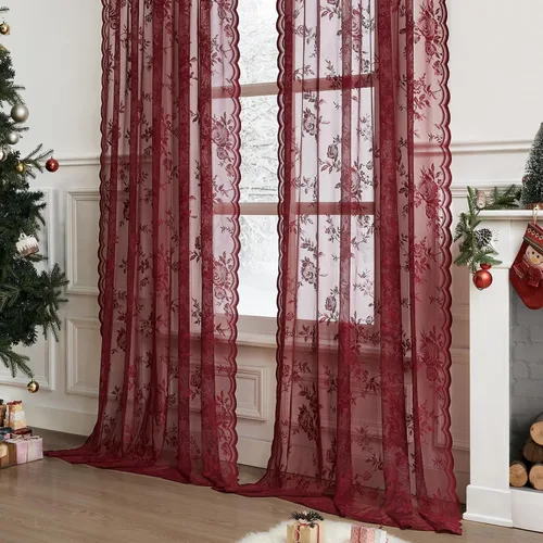 Vista 64 de Cortinas de encaje beige, juego de 2 paneles de cortinas traslúcidas con bolsillo para cortinero, decoración de ventana pequeña, baño, sótano