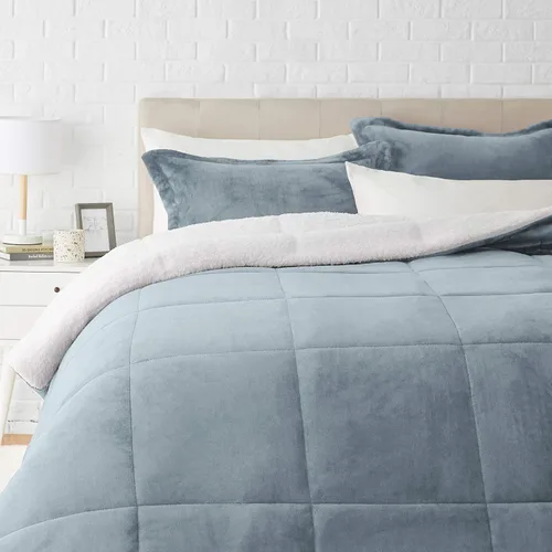 Vista 31 de Amazon Basics - Juego de ropa de cama de 3 piezas, Micromink Sherpa, ultrasuave, edredón cálido para todas las estaciones, tamaño Full/Queen, negro