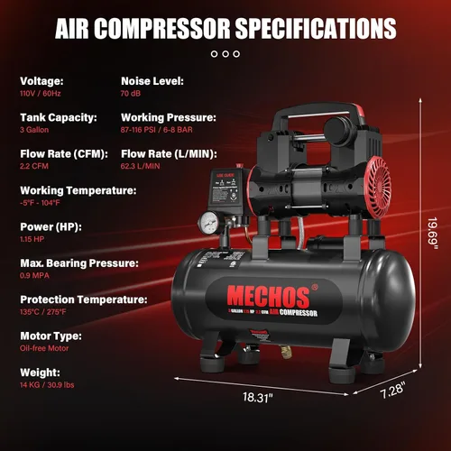 Vista 5 de Compresor de aire portátil con tanque de acero de 3 galones, 1.15 HP 2.2 CFM @ 90 PSI, compresor de aire sin aceite de 116 PSI máx. para garaje, uso