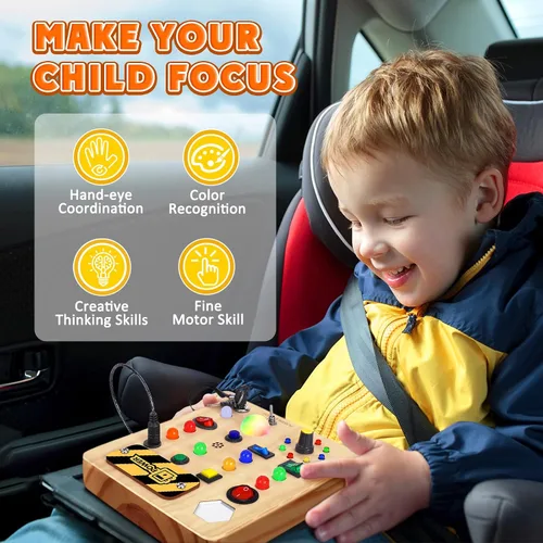 Vista 5 de TINTECUSA Tablero Ocupado con Luz LED, Juguetes Sensoriales de Madera para Niños Pequeños, Juguete Musical Montessori para Avión, Actividades
