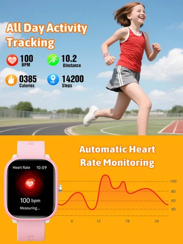 Vista 4 de Reloj Inteligente para Niños y Niñas, Rastreador de Fitness con Monitor de Frecuencia Cardíaca y Sueño, Pantalla Táctil de 1.83" con 12