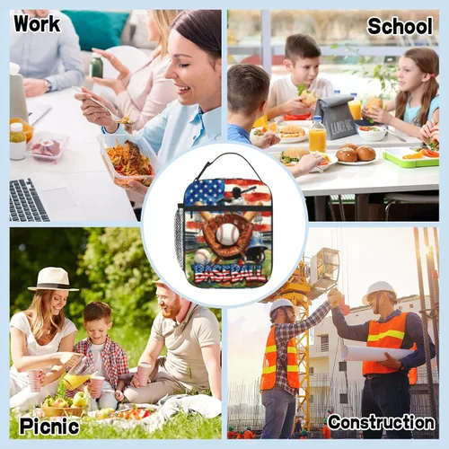 Vista 7 de Lonchera de béisbol con temática deportiva para niños, niñas, adolescentes, bolsa de almuerzo de béisbol aislada para niños, bolsa de almuerzo