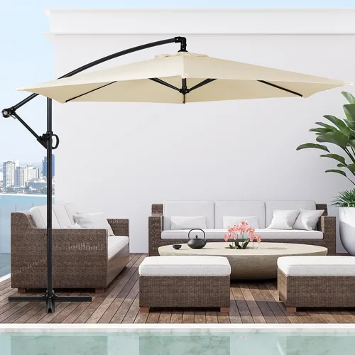 Vista 8 de Shintenchi Sombrilla grande de patio de 13 pies con base, sombrilla rectangular doble cara para exteriores con asa de manivela para césped junto a