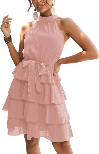 Vista 3 de LYANER Vestido corto sin mangas con cuello halter y volantes para mujer