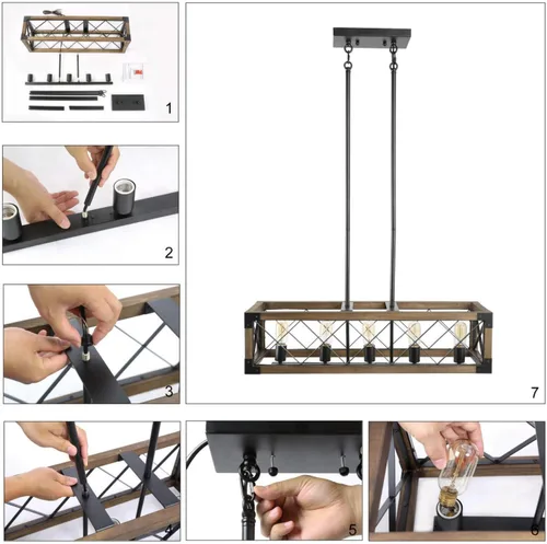 Vista 6 de Lámpara de araña de granja para comedor, lámpara rectangular de 5 luces, iluminación de isla de cocina de madera, 31.5 pulgadas de largo