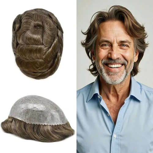 Vista 468 de Toupee para hombre 100% cabello humano real tupé para hombres 0.004 in piel de poliuretano para hombre, sistema de reemplazo de piezas de pelo